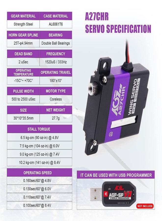 AGFRC 10.2KG High-Torque Micro RC-Wing-Servo - Digital CNC Thin Metal Gear Digital Coreless Servo Motor for Airplane Glider(A27CHR) - Image 2